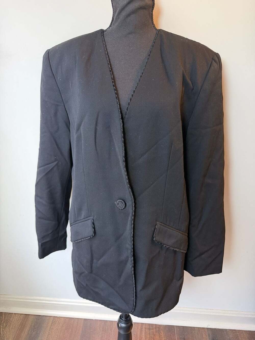 Theomiles Vintage Black Wool Longline Blazer Jacket with Braided Trim